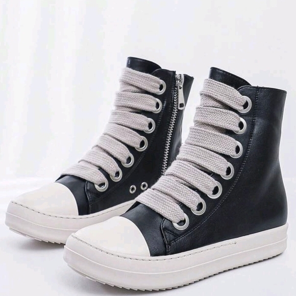 Alan Vincent Shoes - Black High-Top Women's Sneakers with Cream Laces